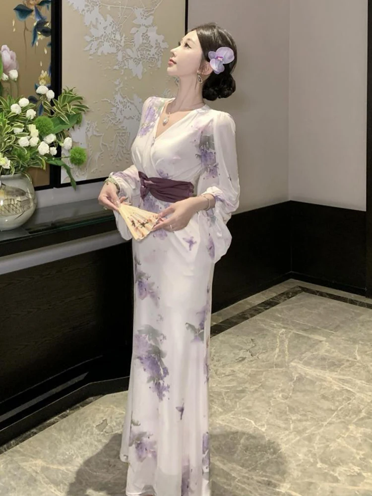 Vrouwen Kleding Zoete Bloemenprint V-hals Lace-Up Slanke Maxi Lange Jurk Elegante Dame Party Prom Vestido Gewaad Boho Casual Koreaanse Nieuw