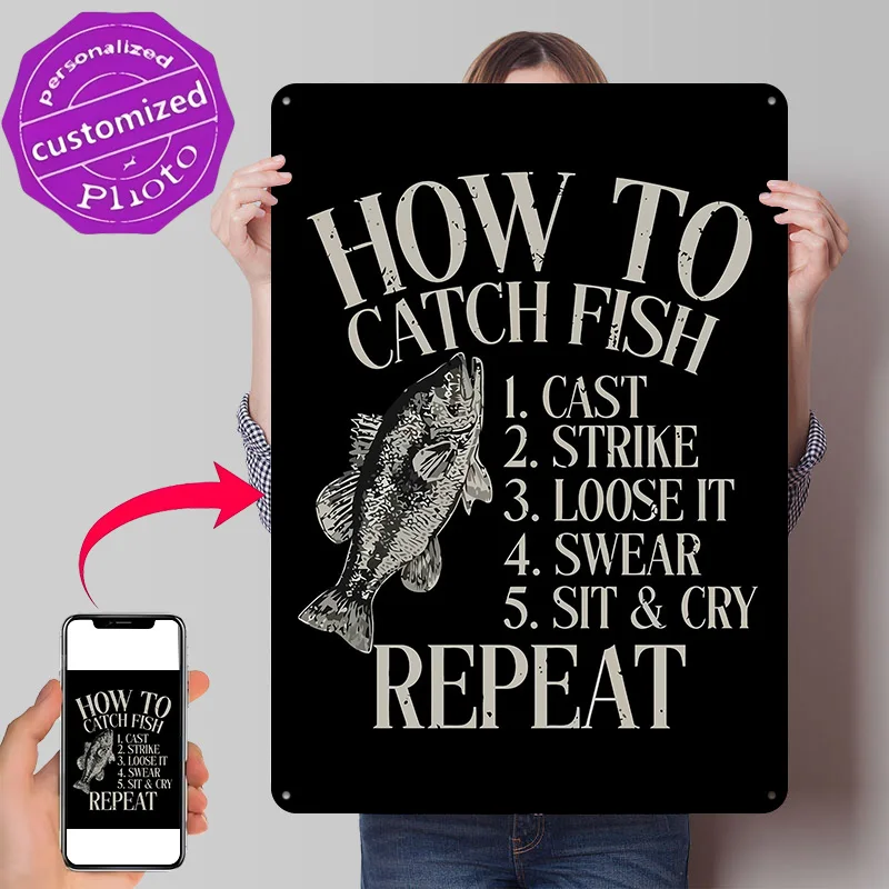 How to Catch Fish Funny Guide 3D Texture Metal Poster Customized Wall Art Tin Sign Gift for Mancave Home Decor Accessories Items