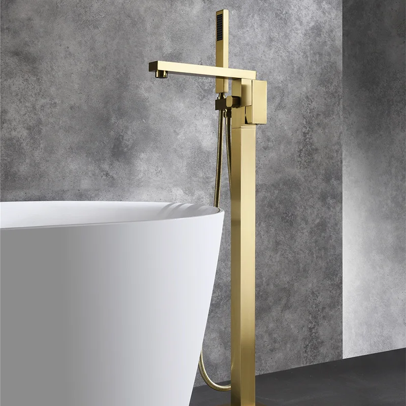 

Bathroom Bathtub Faucet + Handheld Shower Free Standing Brushed Gold Luxury BathTub Mixer Taps Floor Mounted