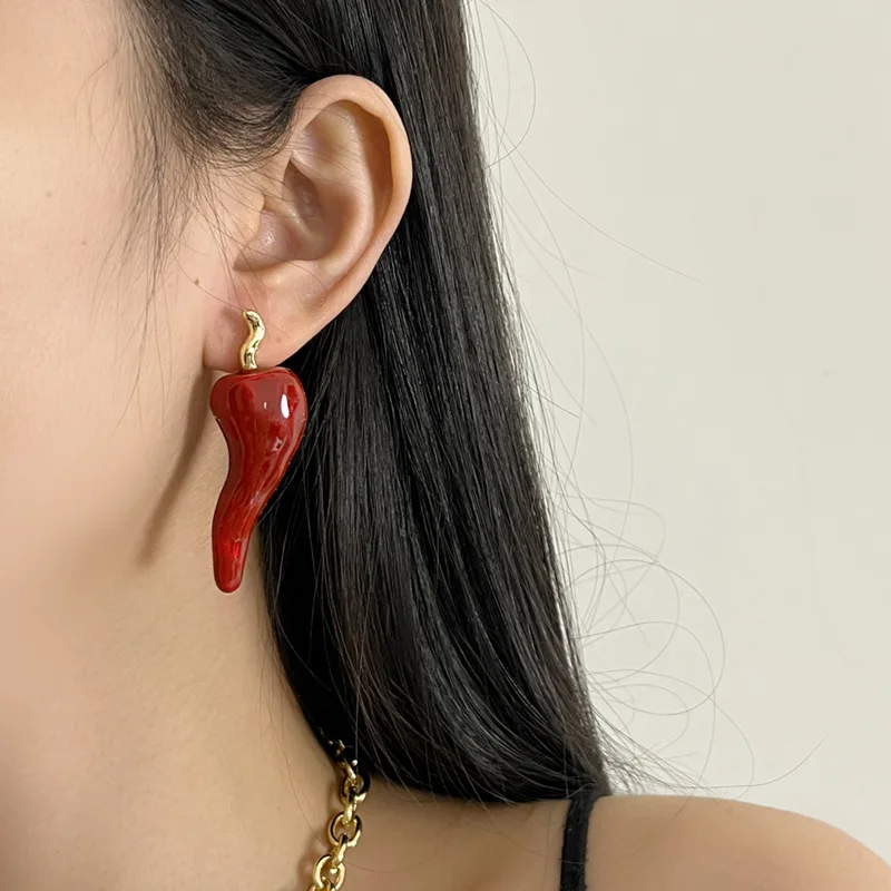 Abstract Chili Pepper Earrings,Minimalist Glaze Red Chili Stud Earring,Metal Jewelry Wholesale