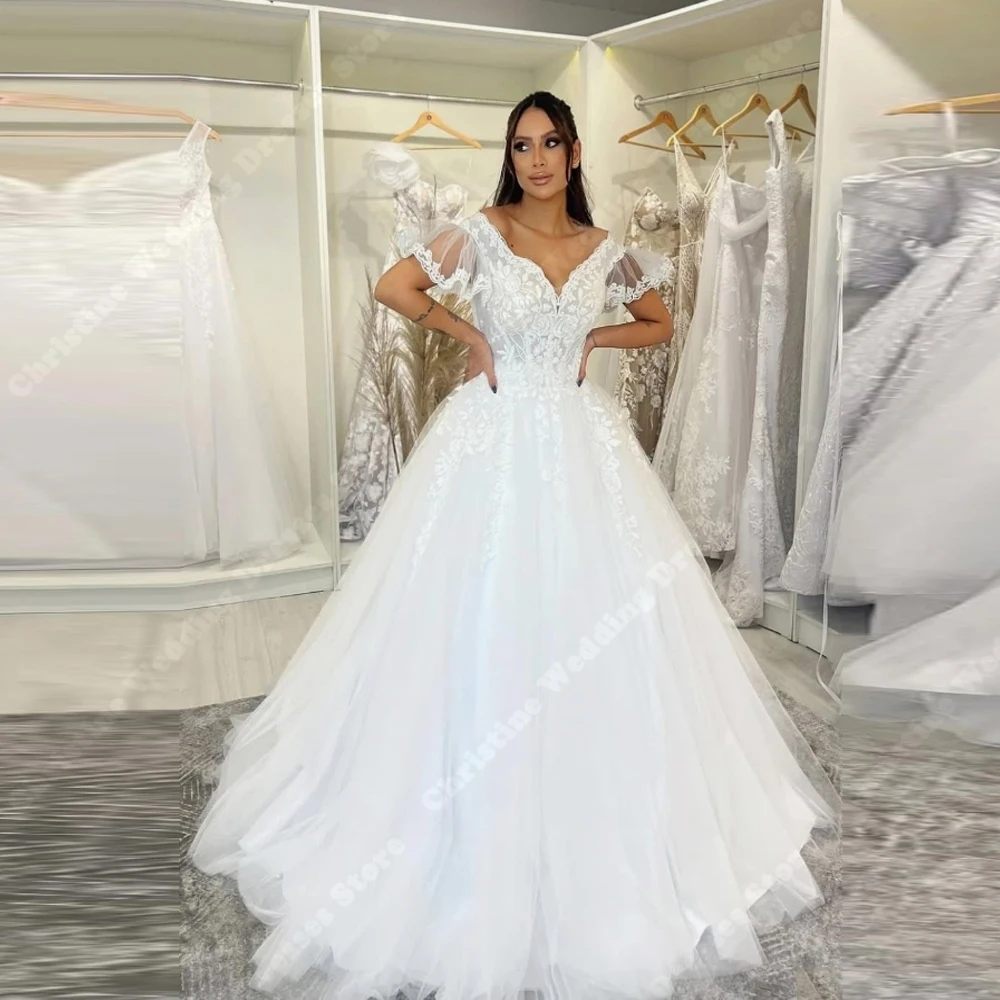 

2025 Elegant Short Sleeves Women Wedding Dresses Sexy A-Line Tulle Prom Gowns Mopping Length Banquet Vestido De Novia Customized