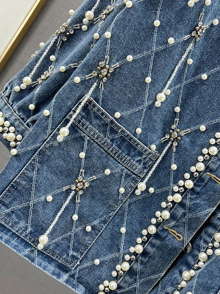 GVUW Beading Denim Jackets Women High Street Style Round Collar Full Sleeve Single Breasted Pockets New 2024 Coats 17G7804