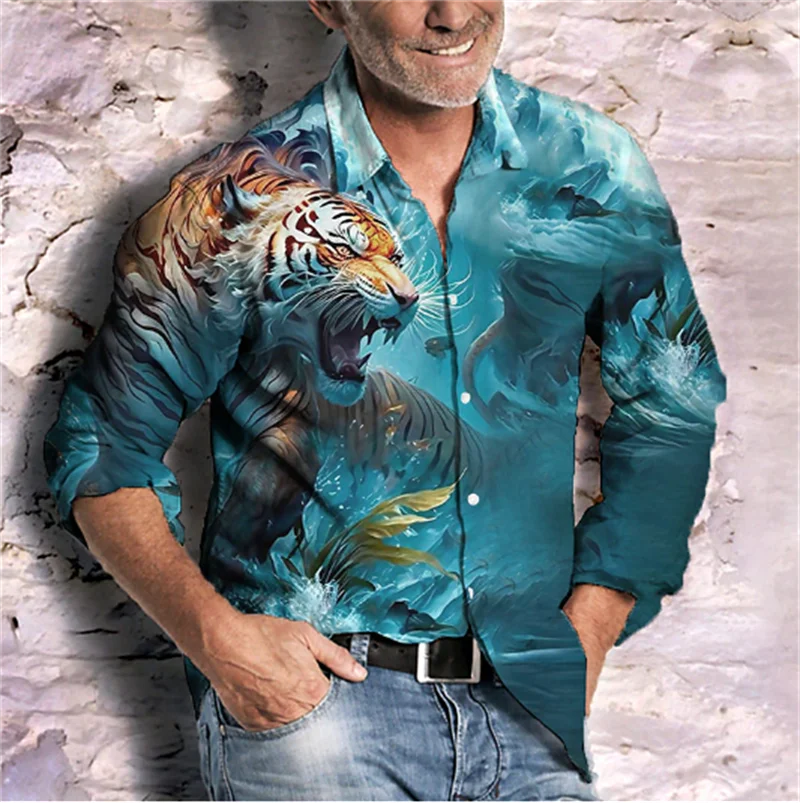 Camisa gráfica de solapa de manga larga para hombre, estampado de moda, estilo callejero, adecuada para ropa informal de primavera y otoño