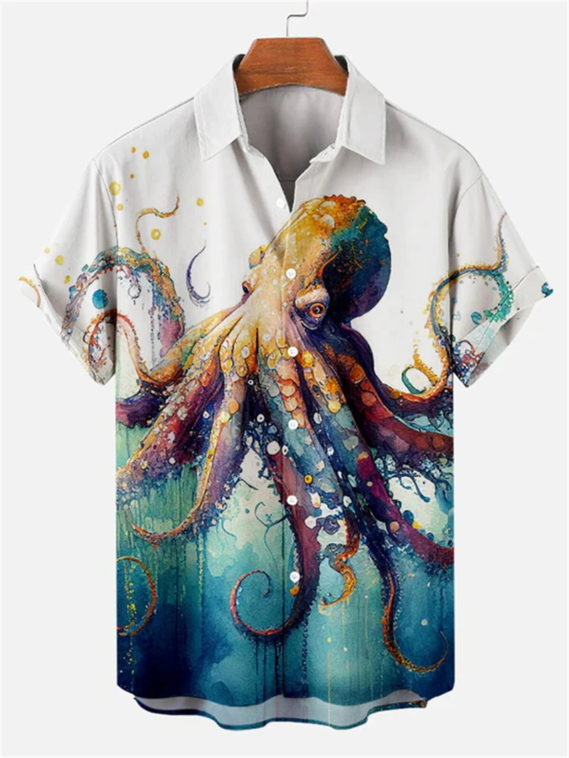 3d Printed Tentacle Pattern Summer Men's Casual Short-sleeved Shirt Children Street Hip-hop Trend Tops Oversized Lapel T-shirt