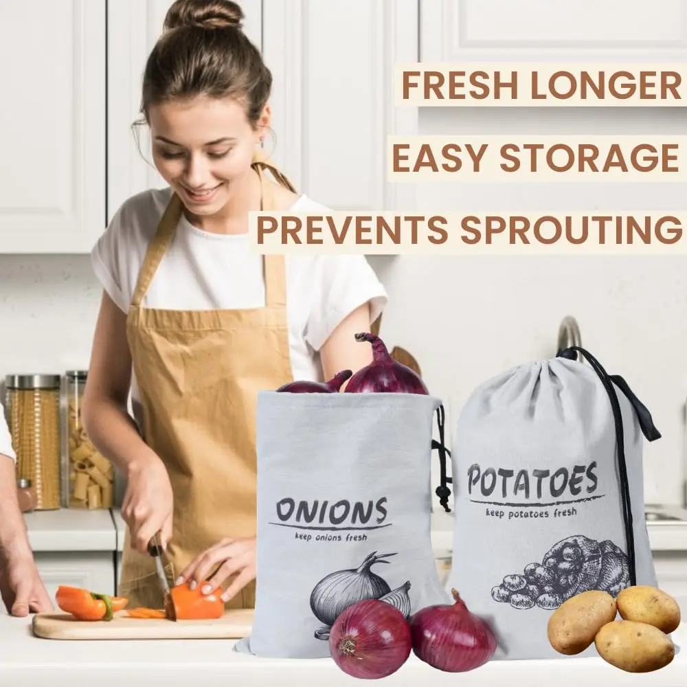 Reusable Onion Potatoes Storage Bag Large Drawstring Canvas Storage Bags With Side Zipper Keep Fresh Vegetable Fruit Organizer