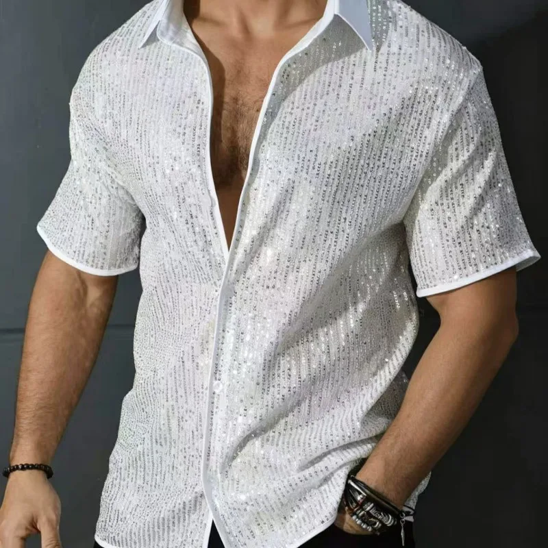 High Quality Men's Glitter Sequined Striped Casual Button Up Shirts, Shiny Satin Trim Short Sleeve Top for Stage Performance