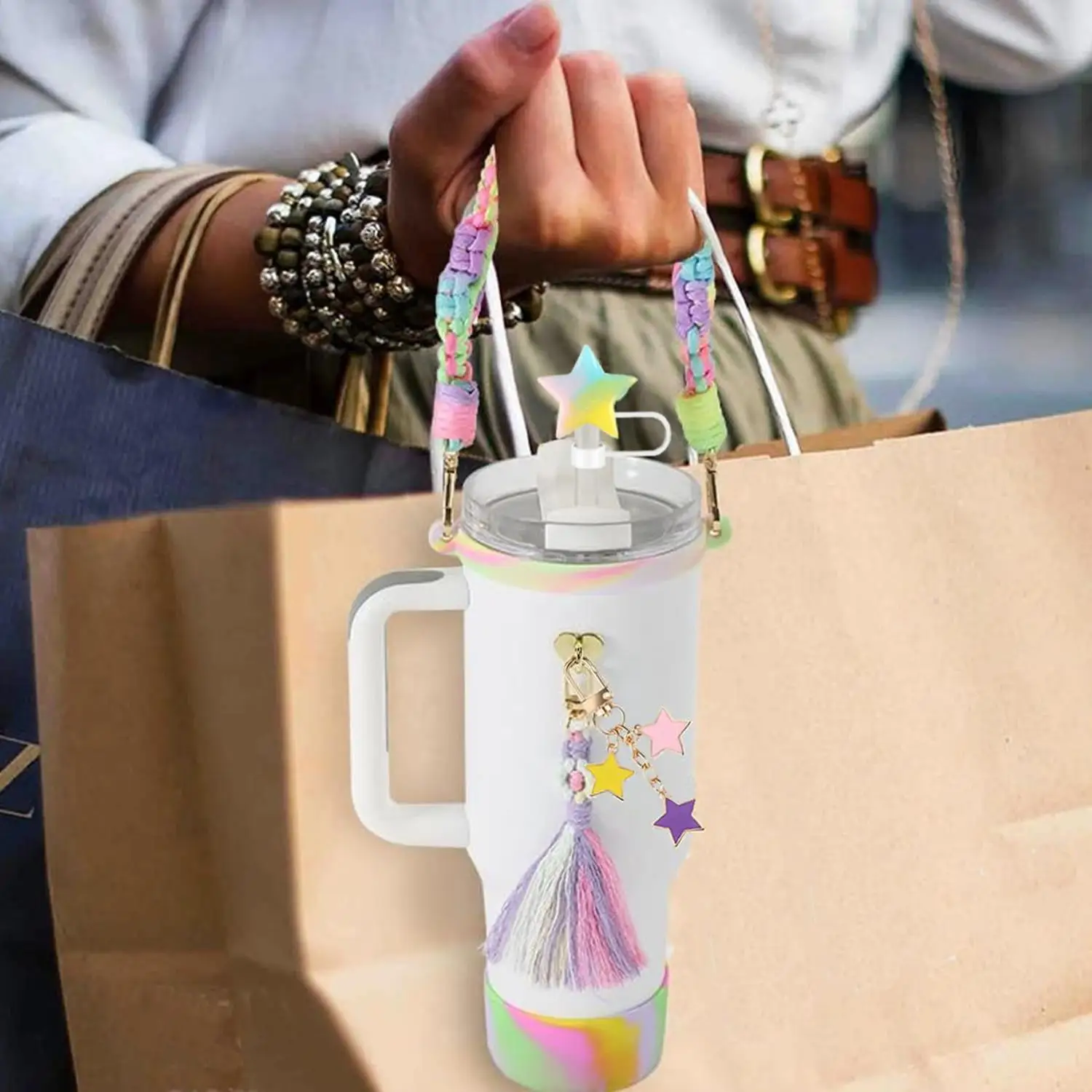 Daisy Woven Tassel Star Cup Chain Keychain Color Silicone Cup Pad Star Straw Topper Compatible with Stanley Tumbler view 6