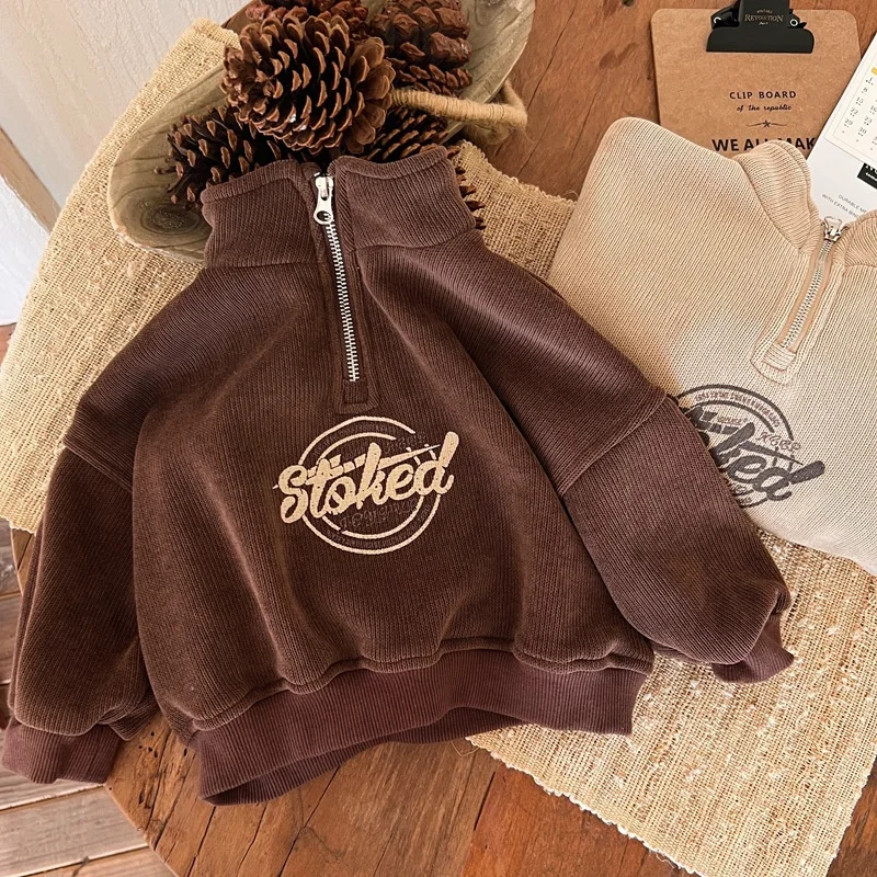 Boys Hoodies Sweatshirts Cotton Thicken Velvet 2024 Khaki Warm Winter Autumn Windproof Baby\'s Kids Children\'s Clothing