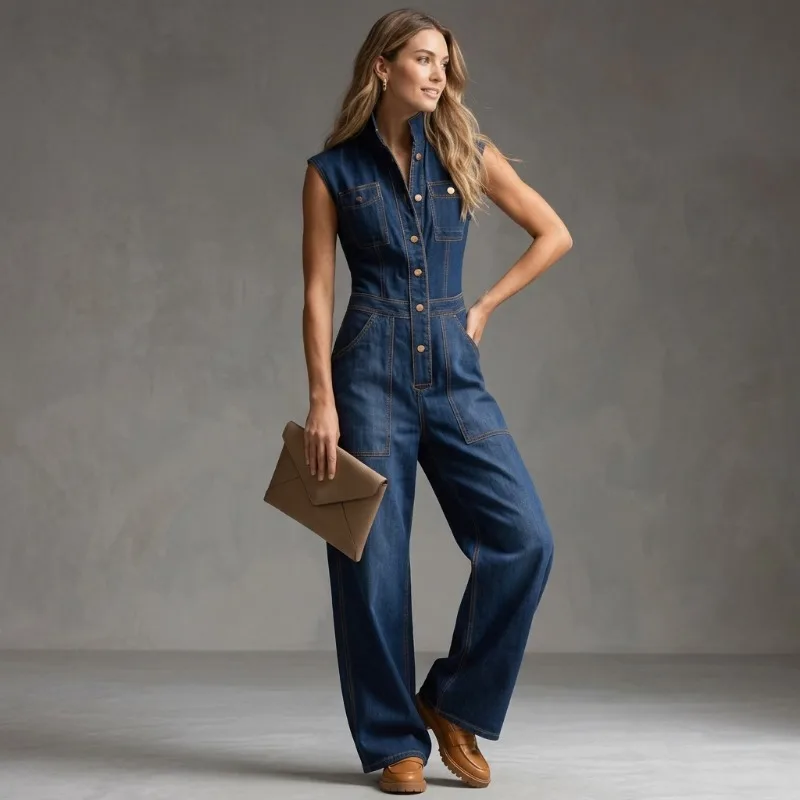 

UOOZEE 2026 Новые модные женские джинсовые комбинезоны с карманами и пуговицами, без рукавов, с высокой талией, широкими штанинами, повседневные джинсовые ромперы-комбинезоны