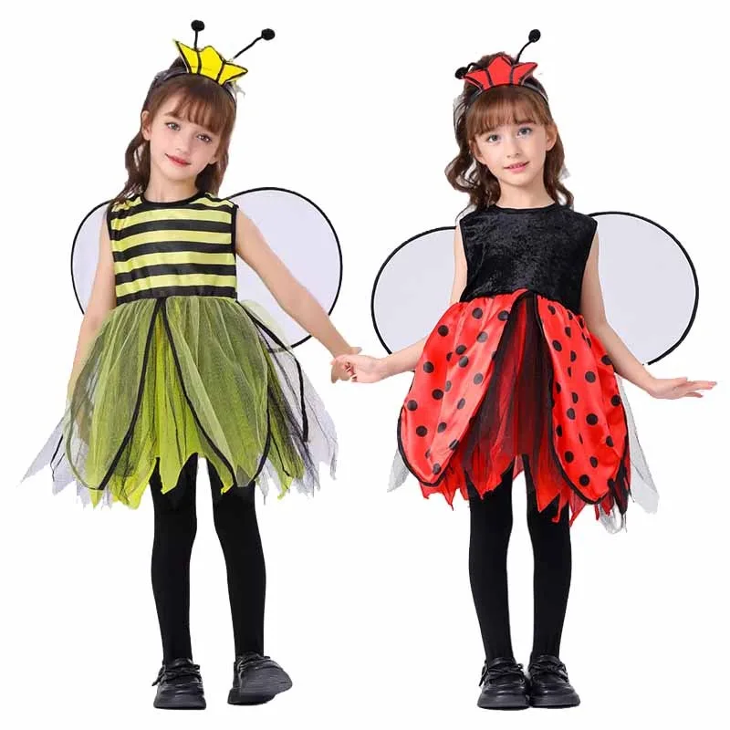 

Little Bee Ladybug Dress for Girls Halloween Cosplay Animal Costume Honeybee Wings Headdress Kids Holiday Party Dress Up Outfit