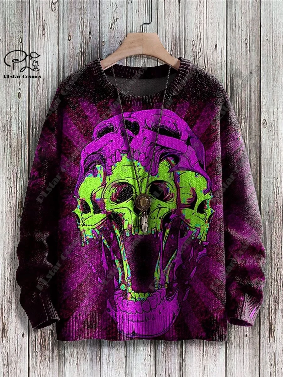 PLstar Cosmos New 3D Printed Horror Series Green Skull Pattern Ugly Sweater Winter Street Casual Unisex
