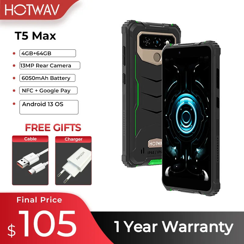 【World Premiere】HOTWAV-Smartphone with Massive Battery, T5 Max, 4G Rugged Phone, Android 13 OS, MTK6761, 6.0 in Screen, 4GB, 64G