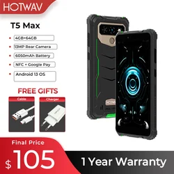 【Światowa premiera】HOTWAV-smartfon z masywną baterią, T5 Max, wytrzymały telefon 4G, system operacyjny Android 13, MTK6761, ekran 6,0 cala, 4 GB, 64 G