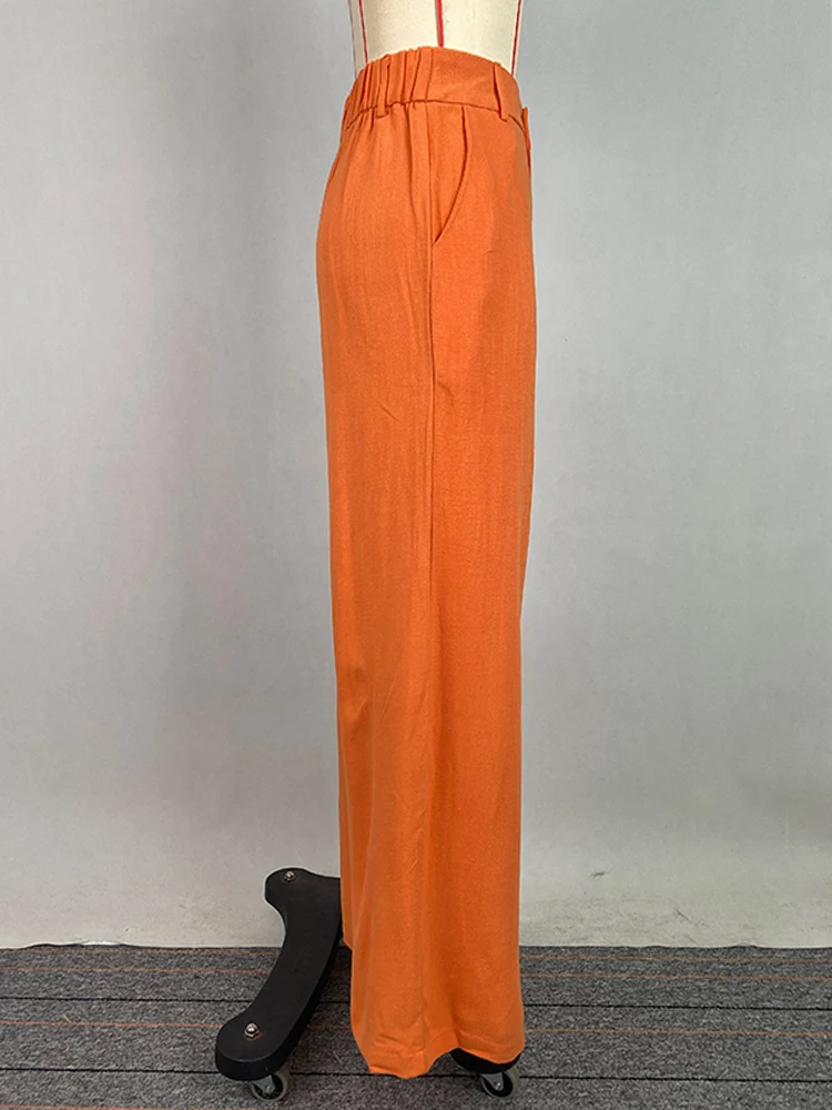 Beautyblue-pantalones de cintura alta para mujer, Pantalón recto de pierna ancha, informales, holgados, con bolsillos, color naranja, elegantes, para oficina