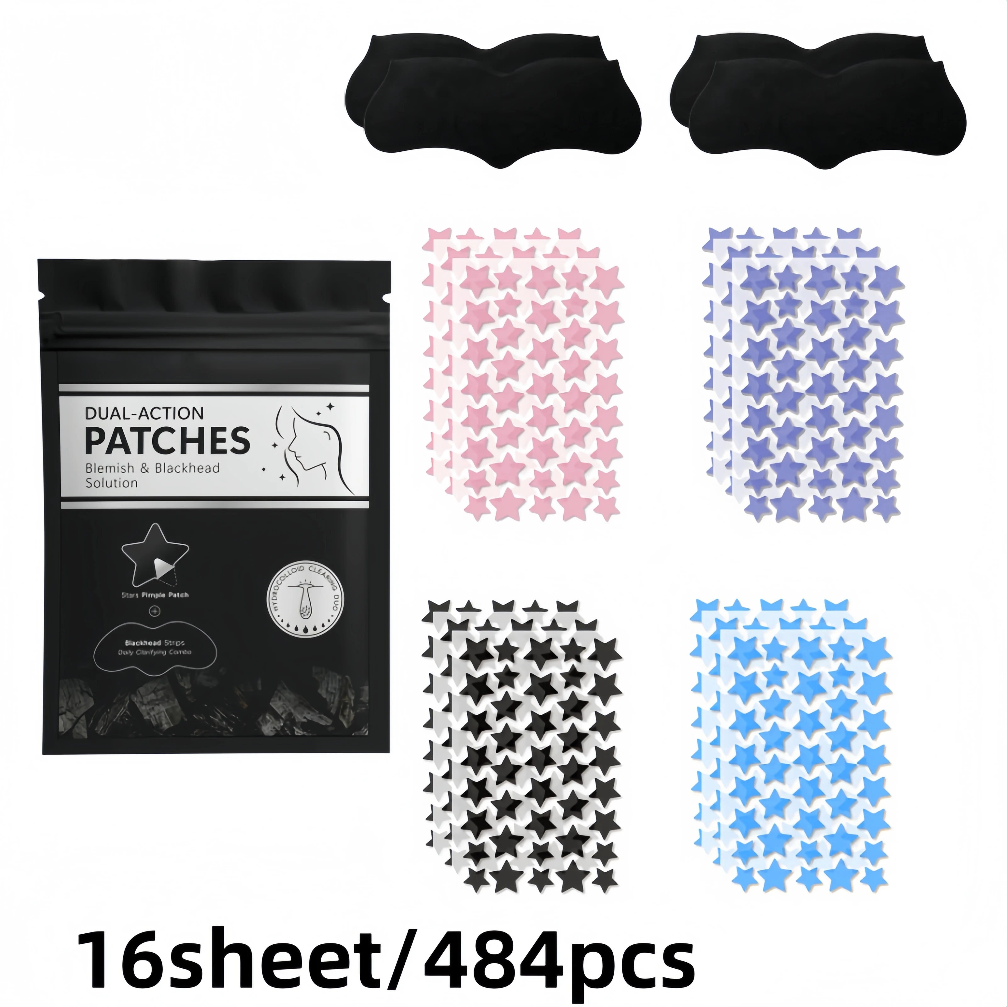 484Pcs Star Beauty Sticker Pack with Nose Strips, 16 Sheets Assorted Colors for Day and Night Use