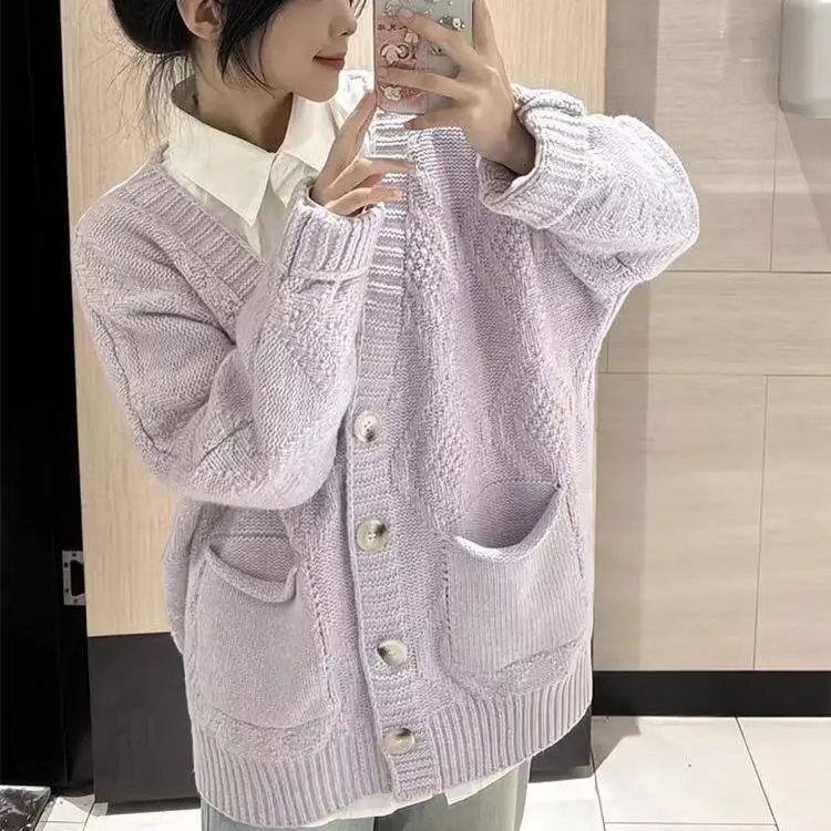 

Purple knitted cardigan sweater, college style sweet knitted sweater for women's autumn winter new long sleeved V-neck sweater
