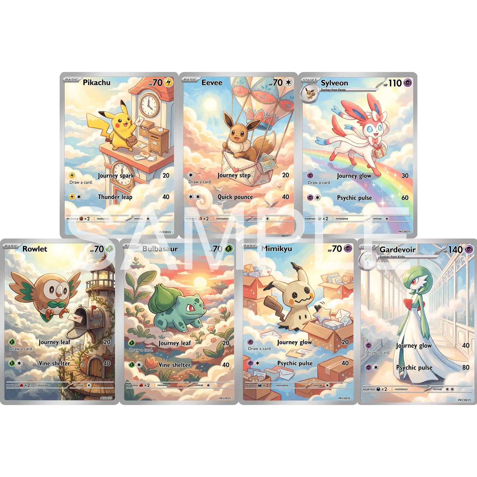 7Pcs PKM Cards PTCG Gouache Storybook Style Eevee Sylveon Rowlet Bulbasaur Mimikyu Gardevoir Custom Art Collection Cards PTCG