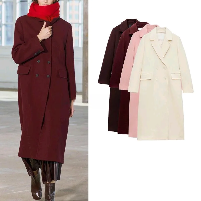 Spring New Arrival Women's Long Sve Notch Collar Blended Coat Jaet Commute Sle Straight Cut Medium Length Double Button