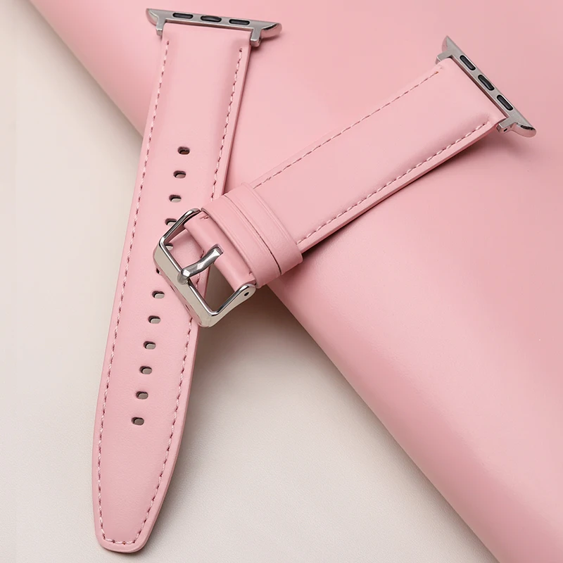 Pink brown cowhide strap bracelet for Apple Watch s9s8 ultra leather top grain plain strap 49mm 42mm smart watch strap