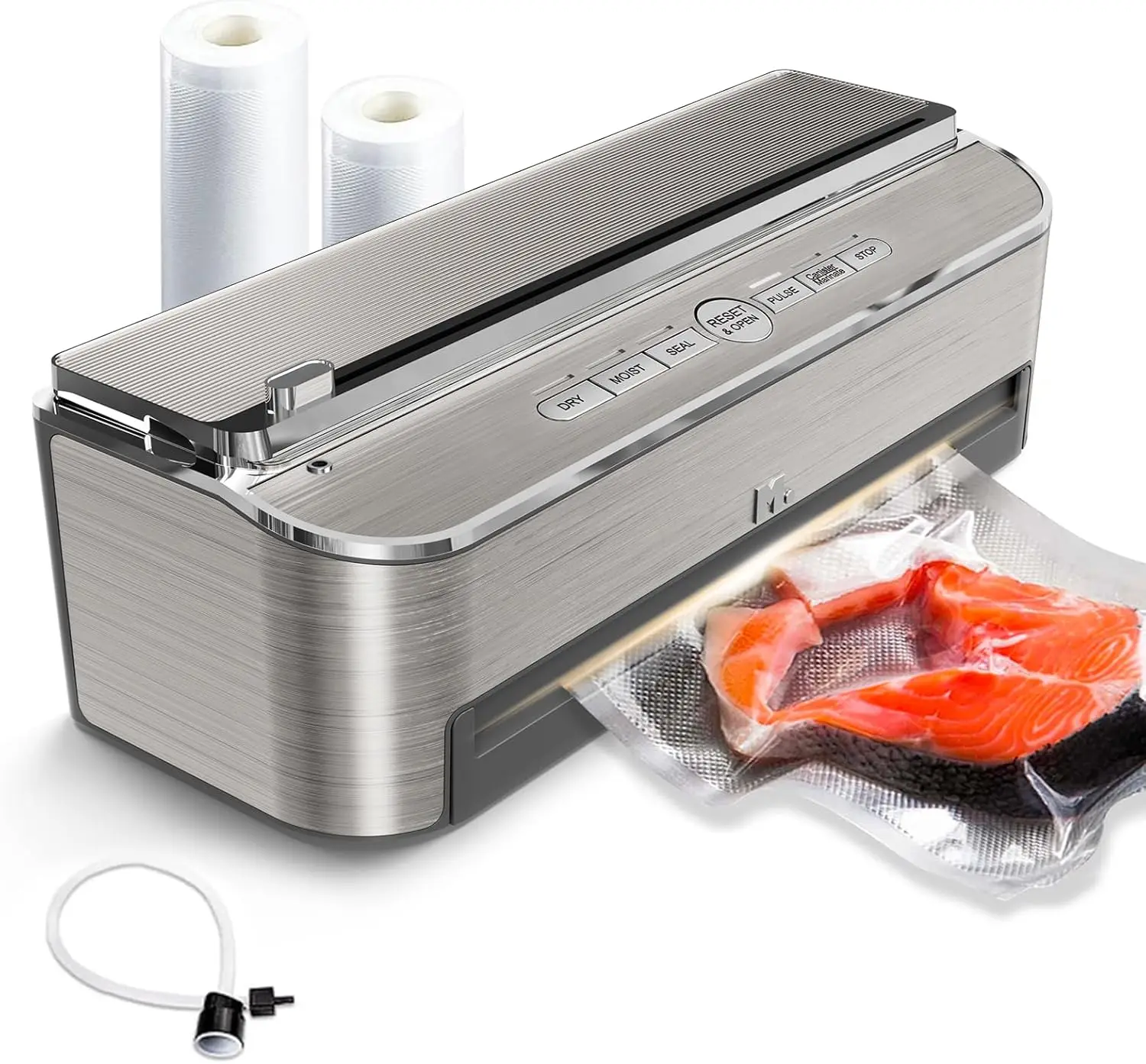 

85kPa 120W Automatic Food Sealer with Built-in Cutter & Bag Storage, Moist/Dry Modes, Air Suction Hose (Silver)