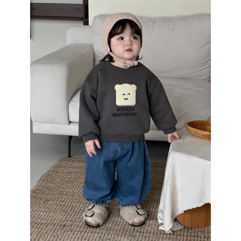 

Children's Autumn and Winter Clothes Girls' Thickened Sweatshirt and Fleece-Lined Jeans Set Boys' Winter Outfit