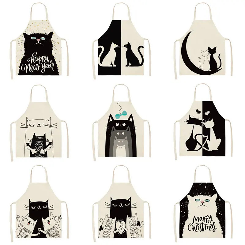 Home Kitchen cooking apron cute cat printing household sleeveless cotton linen apron men and women ladies baking accessories