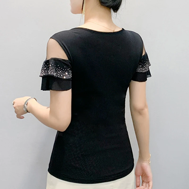 2025, nuevo, verano, europeo, ropa, camiseta, moda, Sexy, cuello redondo, patchwork, brillante, diamantes, flor, mujeres, Tops, manga con volantes, camisetas, 5505