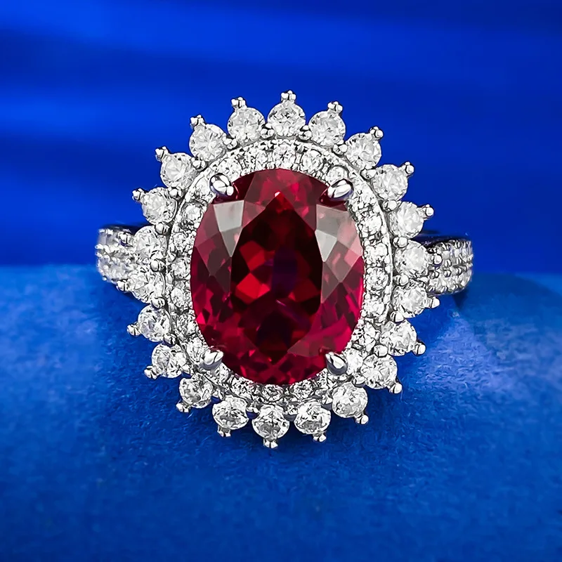 S925 Silver Pigeon Blood Red Simulation  8x10mm Wedding Ring Cluster Elegant Gorgeous Birthday Gift