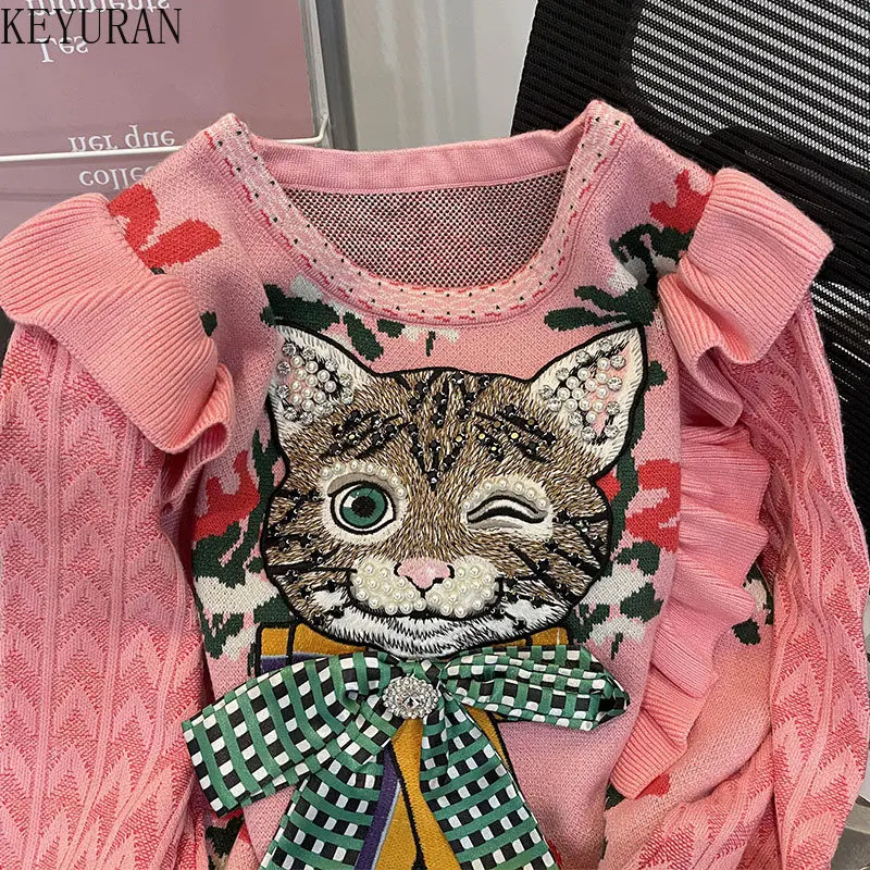 Vintage Ruffles Cat Embroidery Sweater Women\'s Pullover 2024 Autumn Winter New Long Sleeve Tops Flower Jacquard Knitted Sweaters