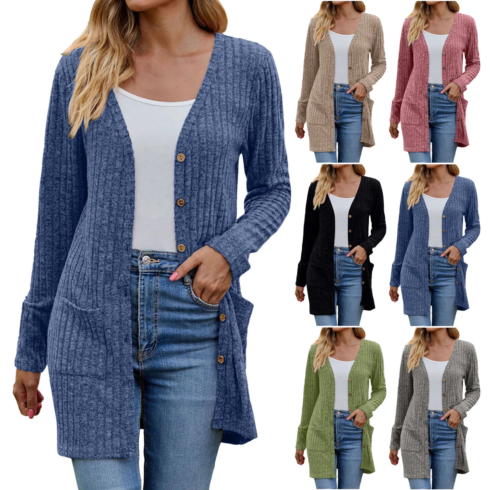 Women Sweater Coat Long Sleeve Button Down Knitted Jacket With Pockets Autumn Winter Solid Single-Breasted Cardigan Sweaters