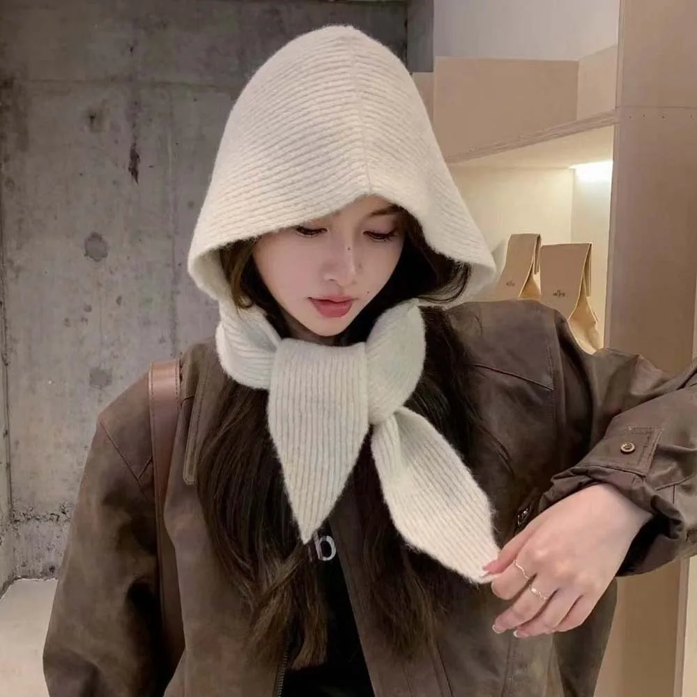 

Acrylic Fibers Knitted Hooded Cap Soft Ear Protection Neck Collar Beanies Cap Korean Style Triangular Winter Neckerchief Hat