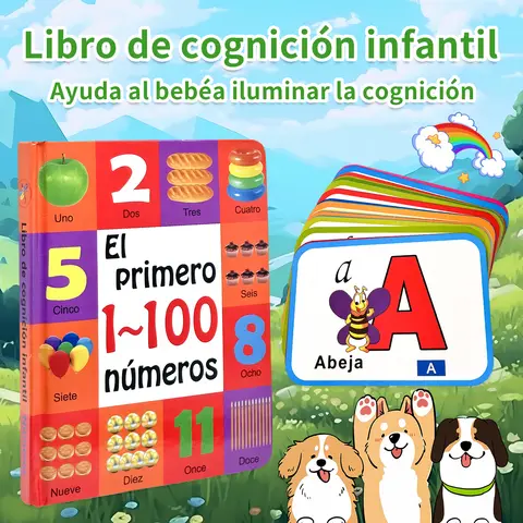 Colección de aprendizaje cognitivo para bebés: libro de números español + tarjetas didácticas con letras, herramientas de educación preescolar, regalos para niños pequeños
