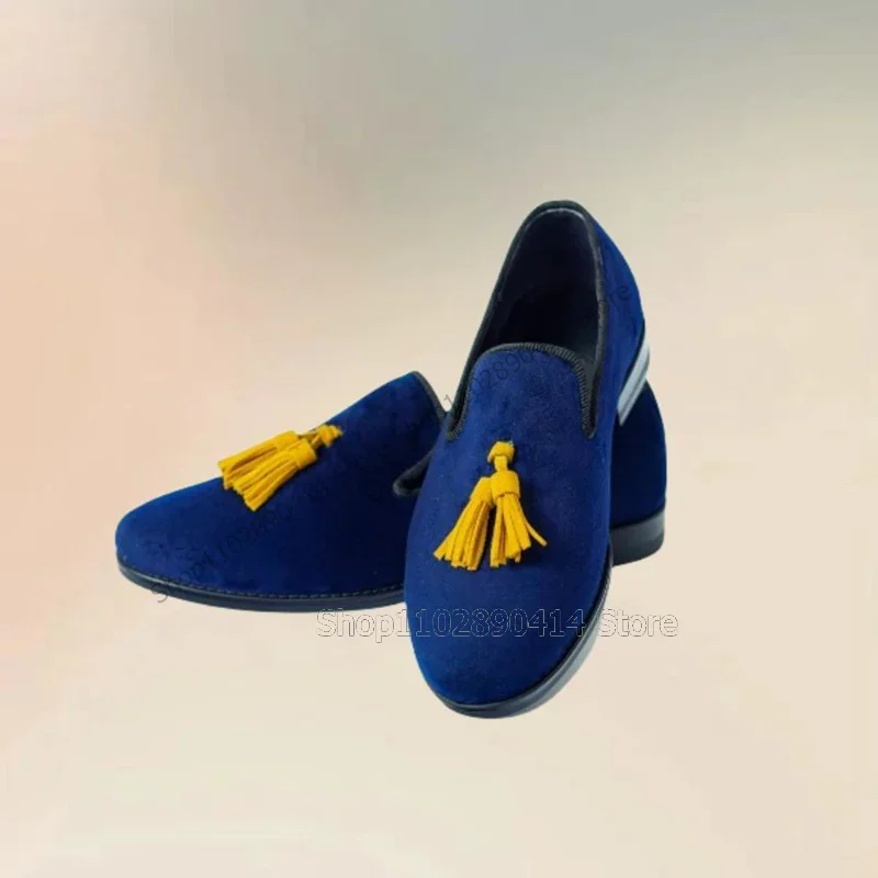 Yellow Tassels Decor Blue Flock Men Loafers Fashion Slip On Men Shoes Luxurious Handmade Party Feast Banquet Men Casual Shoes