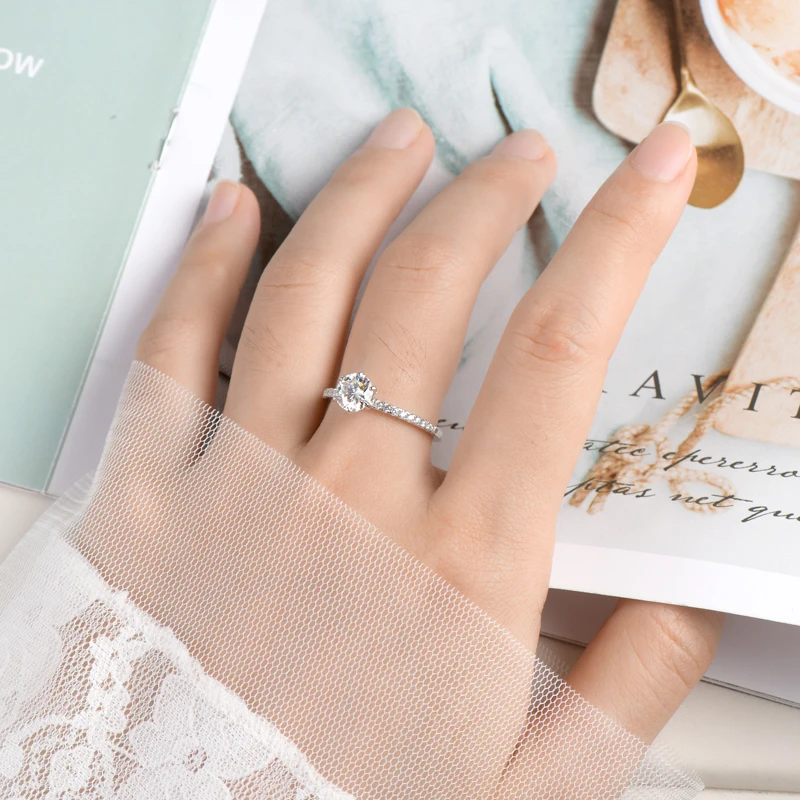 Anziw 100% 925 Silver 1CT 6.5mm D Moissanite Wedding Rings Engagement Promise Finger Band Certified Moissanite Jewelry For Women
