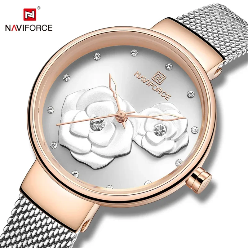 นาฬิกาข้อมือผู้หญิง NAVIFORCE แบรนด์หรู สายสแตนเลสกันน้ำ นาฬิกาควอตซ์ลายดอกไม้ นาฬิกาข้อมือผู้หญิง ดีไซน์สวยมีเสน่ห์