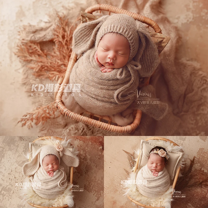 

Knit Baby Swaddle Wrap Winter Newborn Photography Scene Props Warm Sheepskin Blanket Knit Bunny Hat Studio Creative Photography
