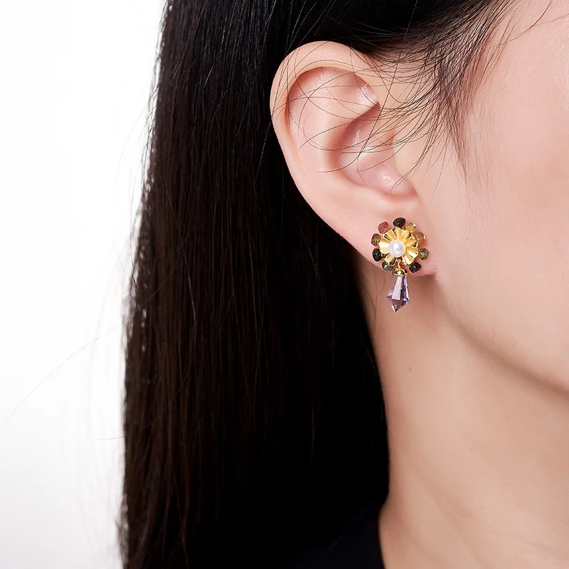 GEEZENCA Tourmaline 925 Silver Pearl Flower Amethyst Charm Drop Earrings Women Gold Plated Dainty Trendy Statement Earring Gift