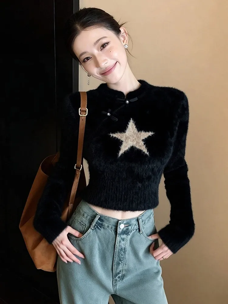 

Knitted Sweater Women's Soft Cozy Star Patterned Autumn Winter Faion Casual Wear Stand Collar Long Sve Top