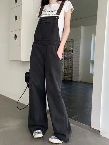 

Korean Style Women's Denim Overalls Spring Summer 2026 New Black Loose Versatile Small Size One-Piece Pants High Waist Wide L...