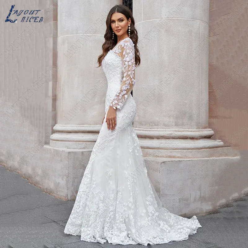 LAYOUT NICEB Mermaid Appliqués Wedding Dresses For Bridal Longue Manches Lace Vestidos De Noiva Mariage Illusion Robes Mariée