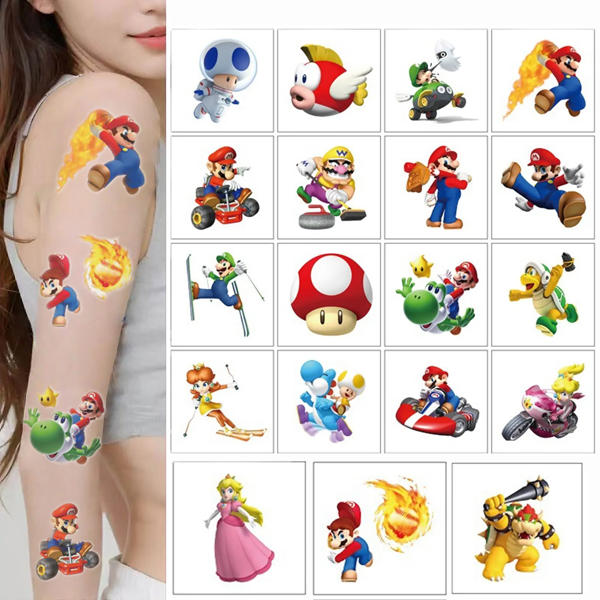 20PCS Cartoon Anime Super Bros Temporary Tattoo Stickers Cute Mario Waterproof Tattoos Sticker Pack Kids Girl Gift Children Toy