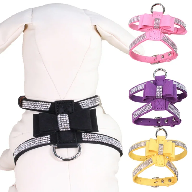 Dog Harness Bow-Knot Bling Glitter Rhinestone Adjustable Collar Puppy Cat Chest Strap Lead Necklace