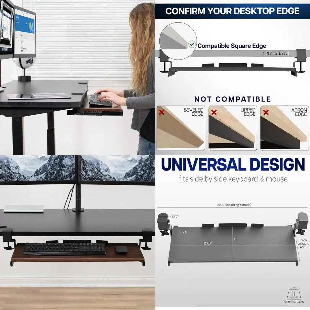 Adjustable 27 x 11 Desk Keyboard and Mouse Slide-Out Tray, Wooden Construction