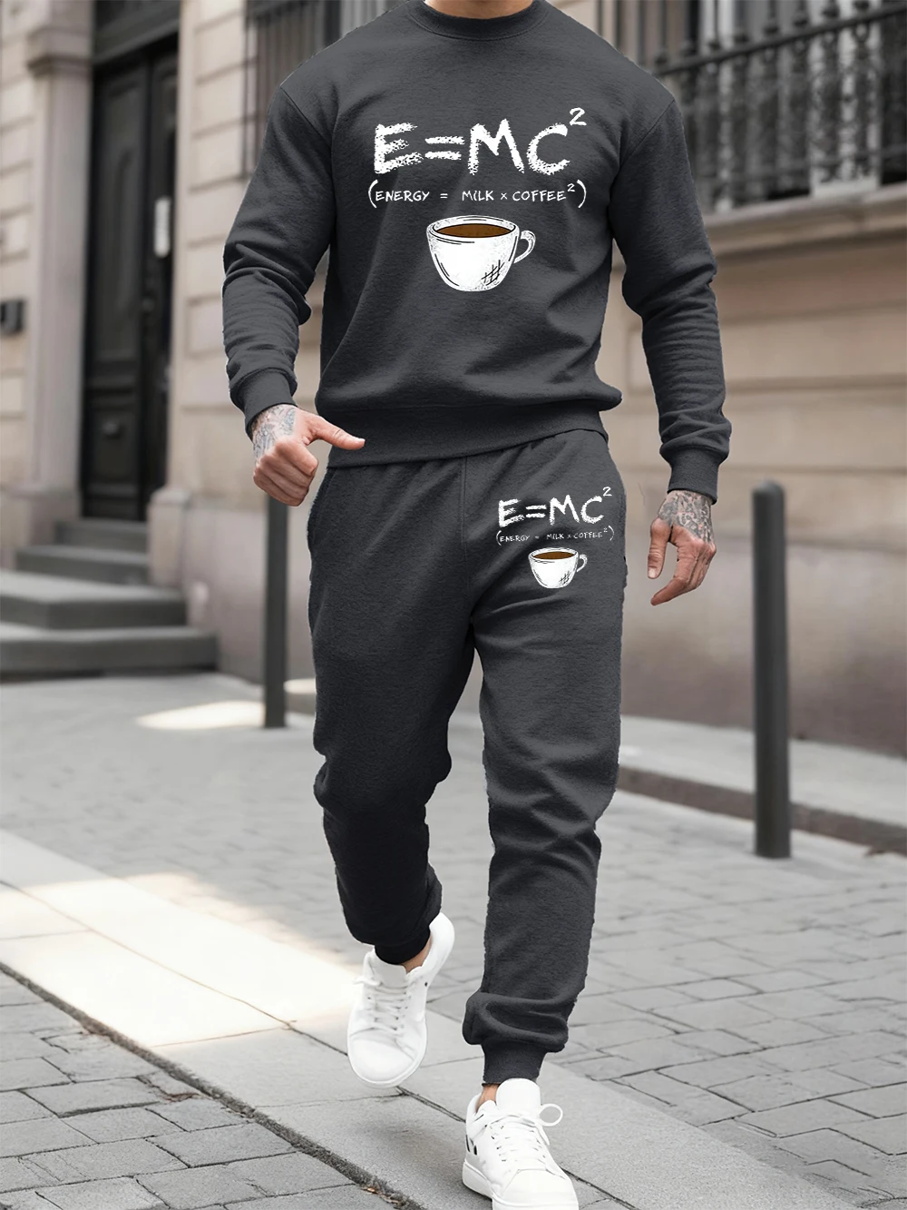 

2 Pcs Hoodie Set Men E=Mc2 Energy Milk Coffee Prints Sweatpants Autumn Fleece Warm Crewneck Jogging Outfits Casual Loose Clothes