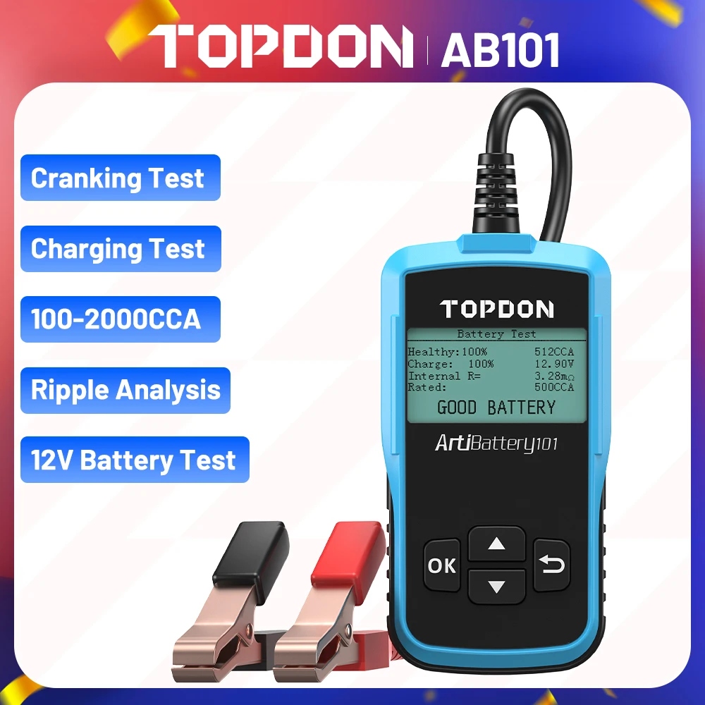 

Тестер автомобильного аккумулятора TOPDON AB101, прибор для проверки заряда аккумуляторов 6 в/12 В, 2000CCA