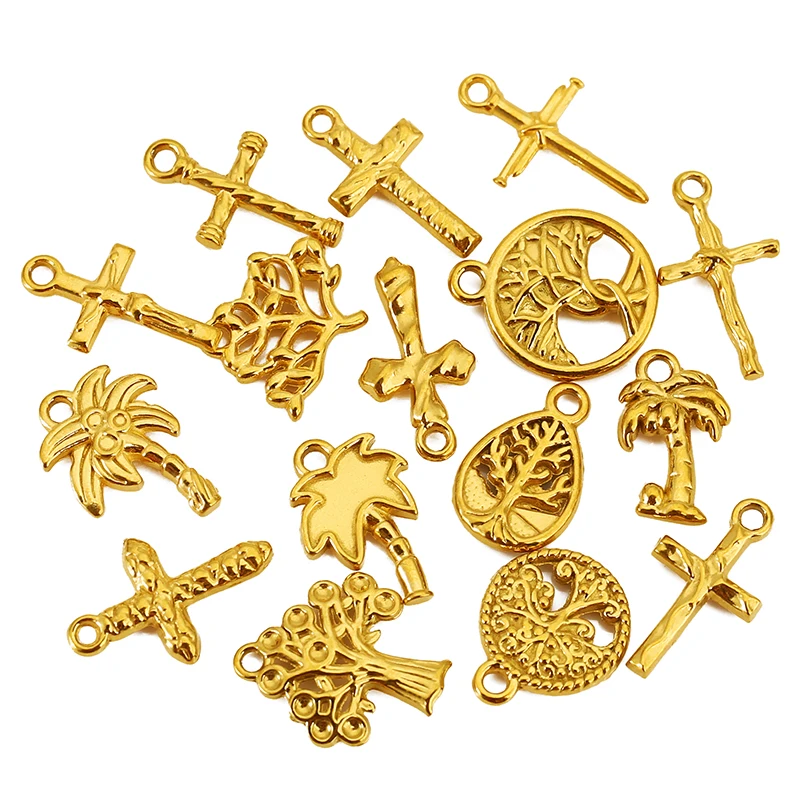 

5pcs Stainless Steel Coconut Tree Cross Charms Pendants for Necklace Bracelet Earrings DIY Necklace Jewelry Making Material