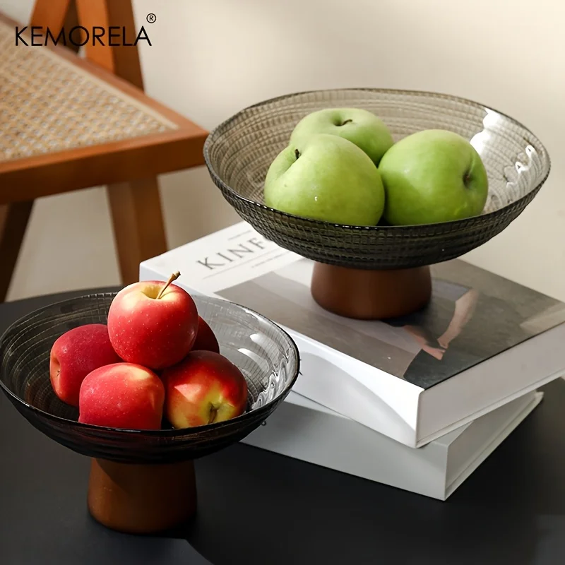 

KEMORELA Vertical Stripe Glass Fruit Tray Elegant Wooden Stand Perfect For Coffee Table Decor Serving Apples Nuts And Candies