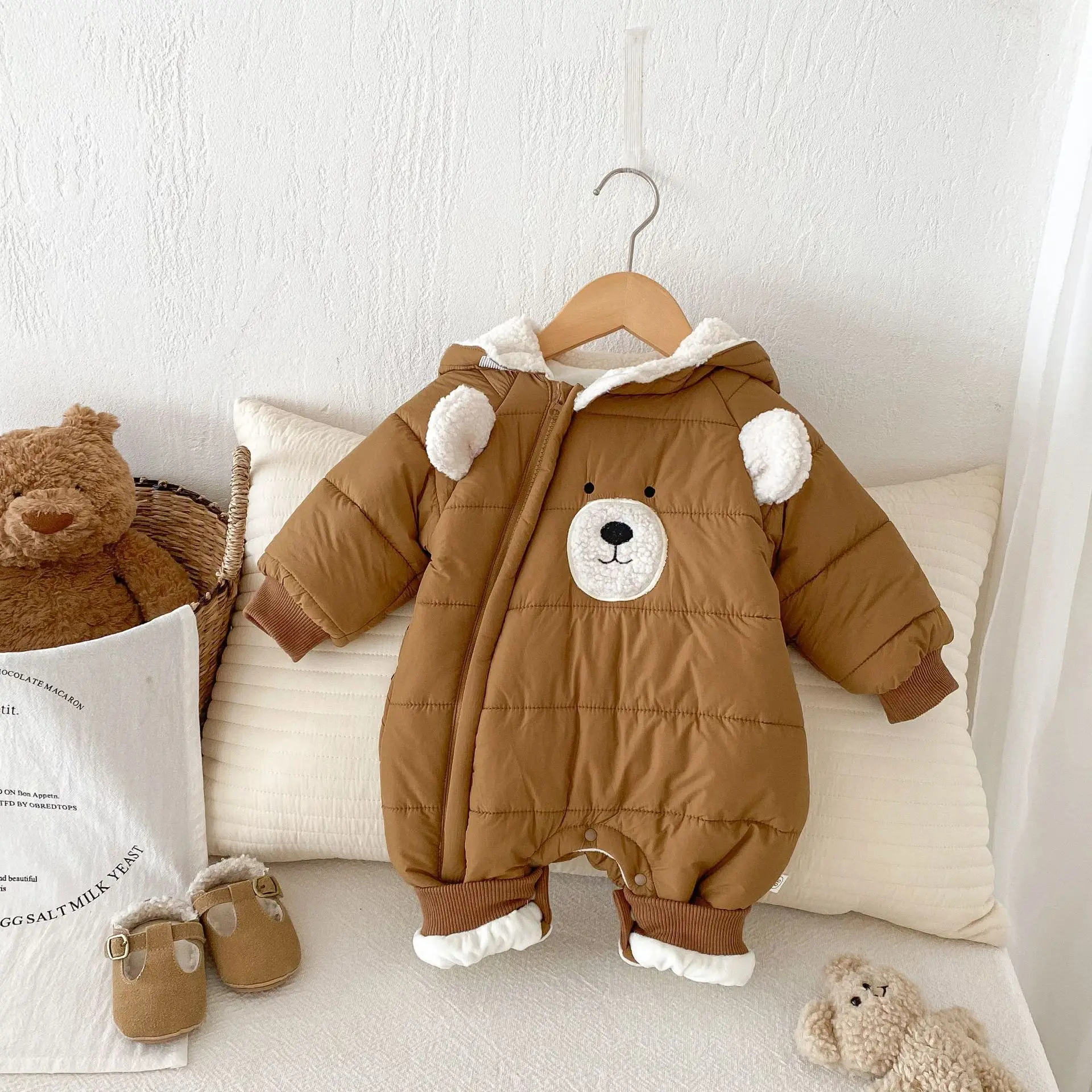 MILANCEL Winter Baby Fur Rompers 0-5 Y Infant Boys Cute Bear Thick Jumpsuit Toddler Girls Fleece Lining Warm Hooded Outwear