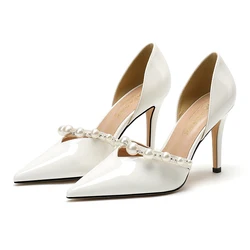 BaoYaFang White Pearl Panted Leather Bridal wedding shoes Women Pointed Toe Party Shoes Spring Autumn Ladies Shoe High Pumps