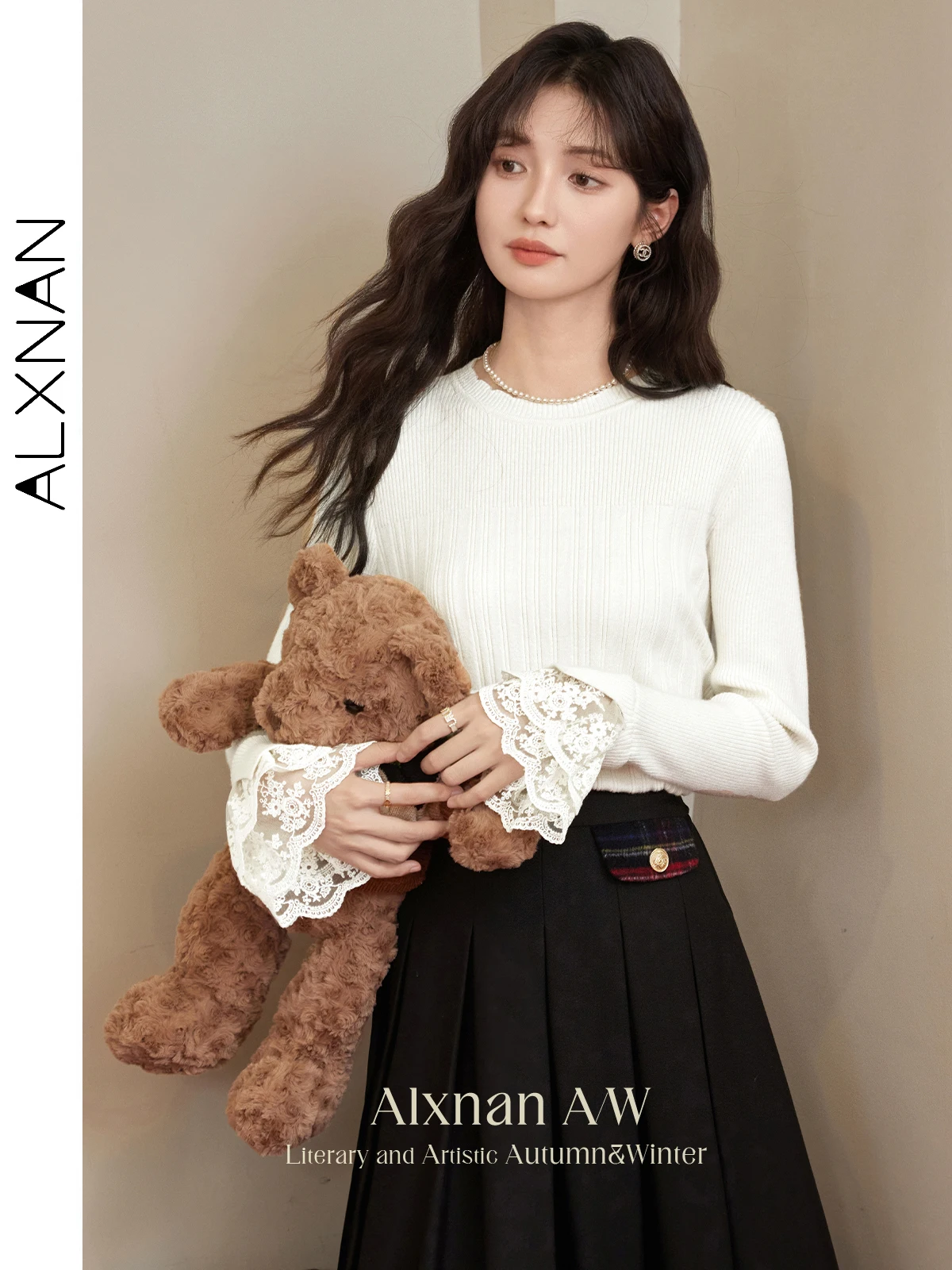 ALXNAN Women's French Knitted Pullover Temperament Lace Spliced Cuff Languid O-neck 2024 Fall Winter Female Inner Sweater L50613